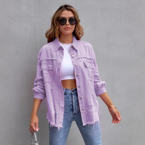 Women Denim Jacket Cotton Distressed Ripped Fringed Raw Hem Streetwear Casual Lapel Long Sleeve Button Down Coat Outerwear