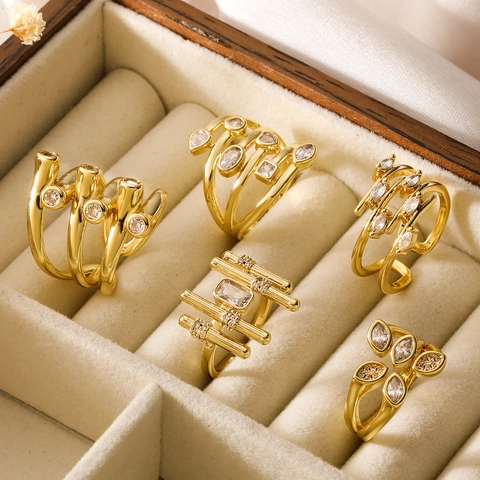 Irregulärer Geometrischer Offener Ring Vergoldet Kupfer Zirkonia Verstellbarer Minimalistischer Schmuck Für Frauen
