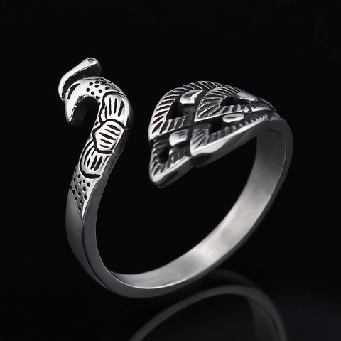 Vintage Peacock Feather Adjustable Open Ring 316L Stainless Steel Animal Gothic Retro Jewelry For Men Women
