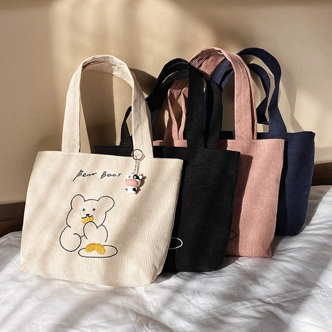 Frauen Cord-Einkaufstasche Große Kapazität Cartoon Bär Hase Stickerei Umhängetasche Japanischen Kawaii Täglich Schule Handtasche