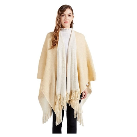 Damen Doppelseitig Gestrickter Poncho Schal Einfarbig Troddel Warm Winter Kettengewirkt Cape Wrap Casual Mode Streetwear