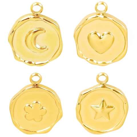 Irregular Round Pendant Stainless Steel Moon Heart Star Flower Motif Vintage Style DIY Jewelry Accessory Gold Plated