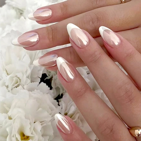 Uñas Postizas French Tip Aurora Forma De Almendra Degradado Blanco Uñas Elegantes Minimalistas Para Mujeres