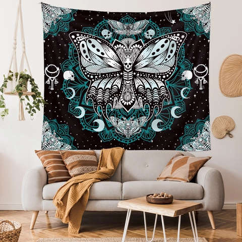 Gothisch Vlinder Skelet Wandtapijt Mystieke Mandala Schedel Maanfase Polyester Wanddecoratie Slaapkamer Woonkamer