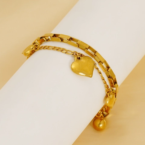 Doppelreihiges Herzanhänger Armband Edelstahl 18K Vergoldet Box Kette Modeschmuck Damen
