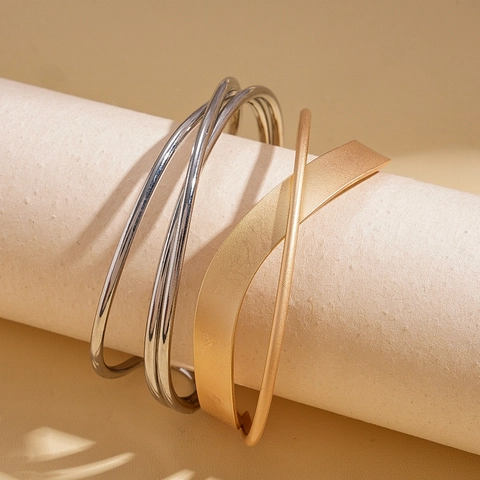 Geometric Cross Multi-layer Alloy Open Cuff Bracelet Minimalist Matte Gold Polished Silver Fashion Accessory Women