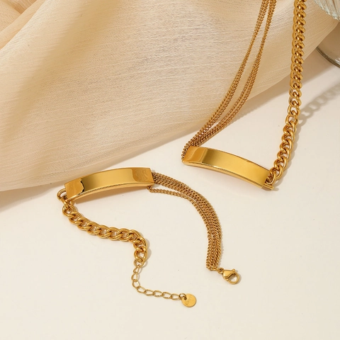 Stainless Steel Necklace And Bracelet With Smooth Curved Plate Asymmetrical Cuban Link For Women Fashion Minimalist