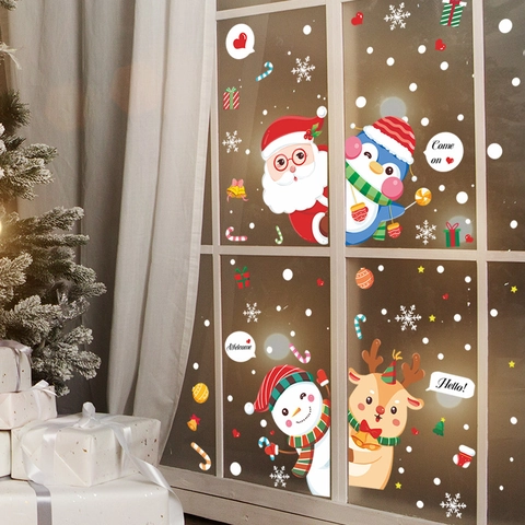 Adesivi Natalizi Per Finestre PVC Statico Cartone Animato Babbo Natale Pupazzo Di Neve Renna Stampa UV Vetro Porta