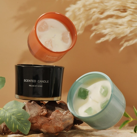 Aromatherapy Scented Candle With Crystal Stones Glass Jar Soy Wax For Relaxation Home Decor Gift Macaron Color Modern Style