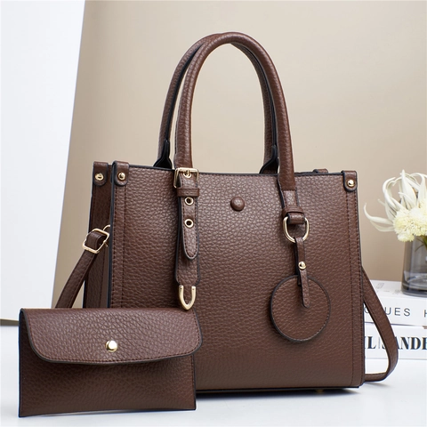 Litchi Pattern PU Leather Handbag And Wallet Large Capacity Shoulder Tote Bag For Women Elegant Commuter Style