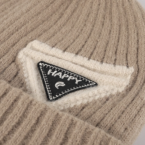 Gorro De Punto Para Mujer Invierno Engrosado Cálido Doble Capa Punto De Canalé Mezcla De Lana Con Dobladillo Y Parche De Letras