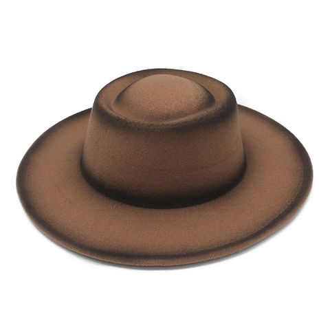 Wide Brim Fedora Hat Women Vintage Gradient Felt Flat Top Boater Style Elegant Retro Sun Protection Jazz Cap