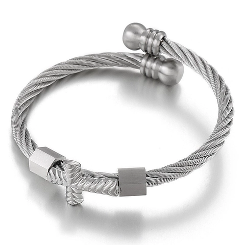 Men Stainless Steel Cross Cable Wire Bangle Open Cuff Bracelet Punk Religious Style Jewelry