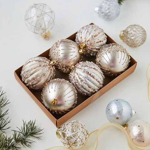 Christmas Ornament Balls Painted Textured Glitter Baubles For Holiday Tree Hanging Decoration Elegant Festive