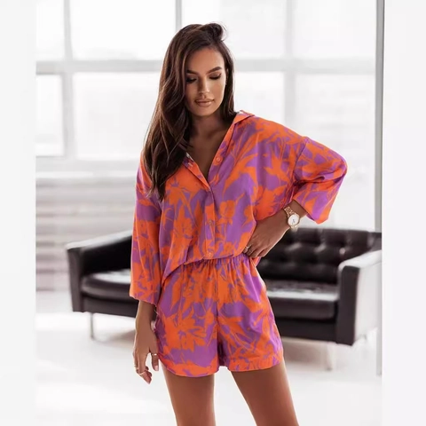 Tenue De Vacances Décontractée Pour Femmes Chemise À Manches Longues Et Short Imprimé Polyester Élégant Vêtement De Loisirs