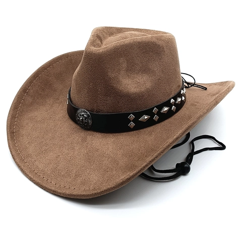 Chapeau De Cowboy Occidental Faux Daim Large Bord Bande En Cuir Rivetée Vintage Extérieur Rétro Corde Coupe-Vent