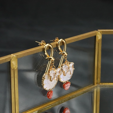 Baroque Freshwater Pearl Earrings With Zircon Bow And Red Heart Pendant 18K Gold Plated 925 Sterling Silver Earring Post