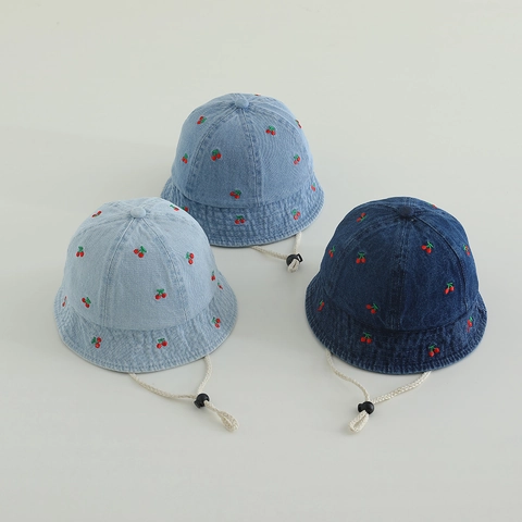 Cappello Da Pescatore Neonato Bambina Cotone Denim Ciliegia Ricamata Protezione Solare Corda Antivento Regolabile Estate