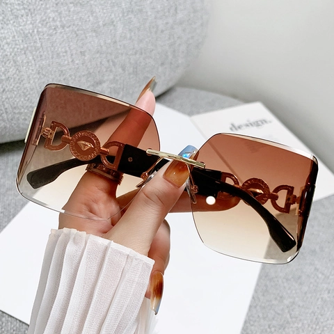 Rimless Sunglasses Women Oversized Square Frame Metal Hollow Temples UV400 Protection PC Lens Fashion Eyewear