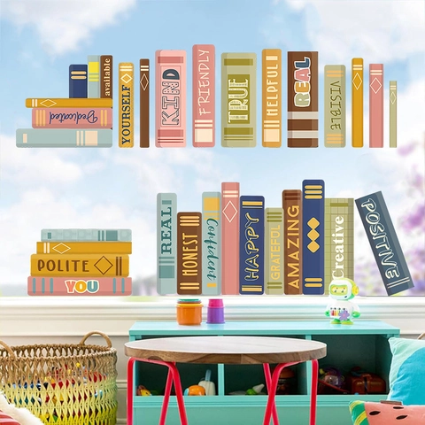 Colorful Book Spines Wall Stickers PVC Positive Words Educational Back To School Classroom Decor Kids Study Room Decoration
