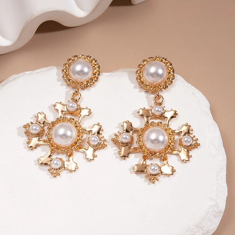 Retro Baroque Cross Dangle Earrings For Women Alloy Imitation Artificial Pearl With 925 Sterling Silver Earring Post Court Style