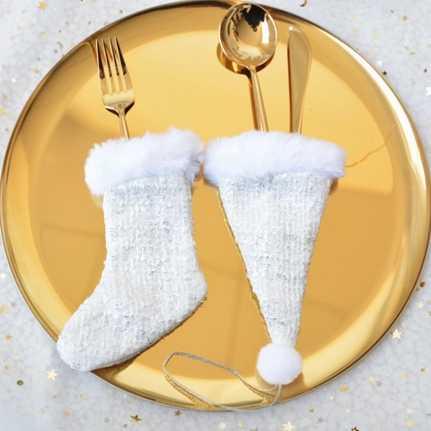 Weihnachts Besteckhalter Mini Socken Hut Handschuh Ornamente Weiß Silber Tweed Kunstpelz Dekorativ Zum Aufhängen