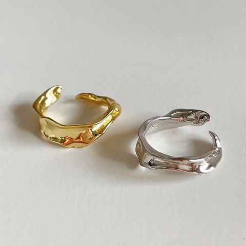 Anello Aperto In Argento Sterling 925 Texture Lava Metallo Liquido Irregolare Ondulato Concavo Convesso Regolabile Da Donna