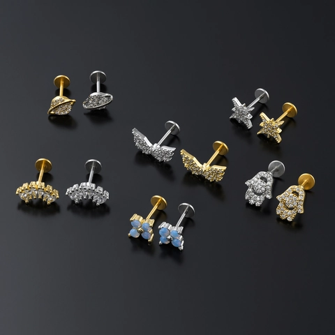 Geometrische Labret Stud Piercing Sieraden Koper Zirkoon Opaal Planeet Vlinder Hamsa Hand Platte Achterkant Oorkraakbeen Nagel Voor Vrouwen