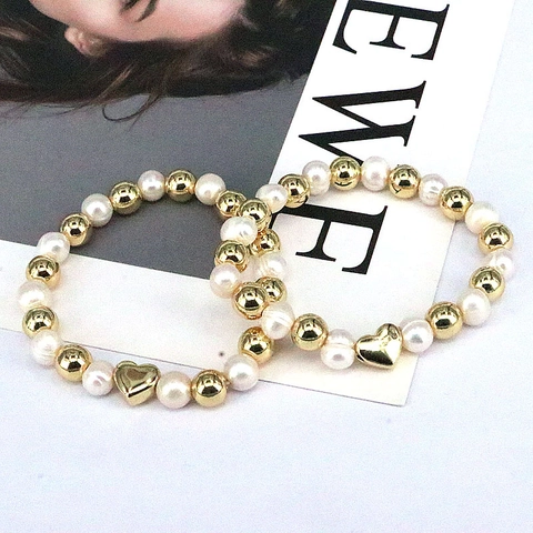 Freshwater Pearl Beaded Bracelet 18K Gold Plated Copper Round Beads Heart Charm Elastic Fashion Jewelry For Women