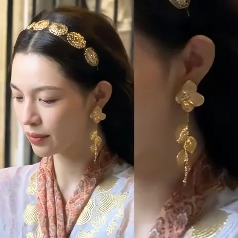 Pendientes Largos De Borla Con Flor Y Hoja De Oro Vintage Con Poste De Plata De Ley 925 Para Mujer Joyería