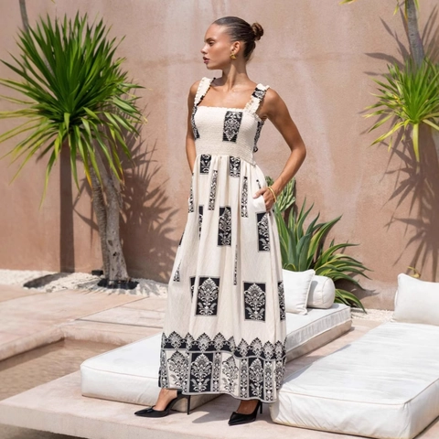 Vestito Maxi Bohemien Da Donna Corpetto Arricciato Senza Maniche Stampa Floreale Scollo Quadrato Vacanze Spiaggia Linea A Con Tasche