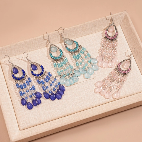 Boucles D'oreilles Bohèmes À Franges Alliage Strass Perles Verre Vintage Goutte D'eau Style Ethnique Femmes