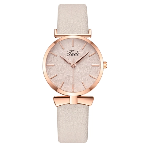 Fashion Women Quartz Watch Rose Gold Metal Case Faux Leather Strap Leaf Pattern Dial Bow Tie Decor Elegant Wristwatch