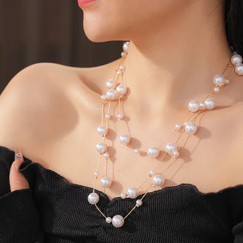 Extra Lange Künstliche Perlenkette Vintage Gold Legierung Kette Mehrlagige Pulloverkette Mode Schmuck Für Damen