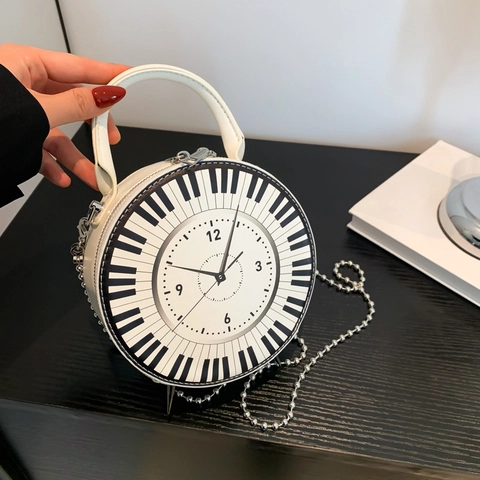 Sac À Bandoulière Rond Créatif Cuir PU Imprimé Horloge Piano Sac À Main Chaîne Nouveauté Mode Femmes