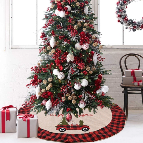 Falda De Árbol De Navidad Redonda Lino Arpillera Borde Cuadros Rojo Negro Camión Rojo Vintage Decoración De Suelo