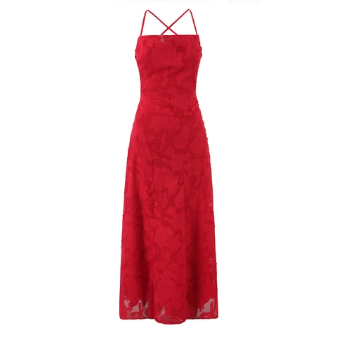 Abito Lungo Sexy In Jacquard Rosso Con Spalline Sottili Schiena Scoperta Incrociata Vita Alta Elegante Vestito Da Sera Per Donna