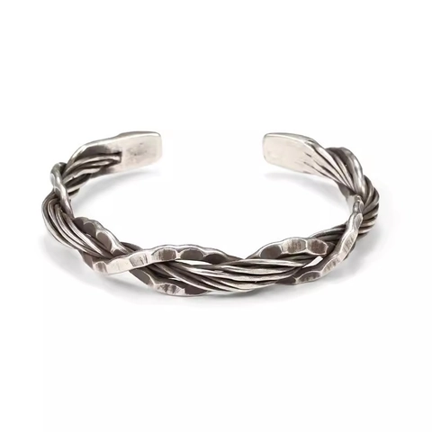 Vintage Men Open Cuff Bangle Bracelet Copper Thai Silver Style Woven Hammered Twisted Design Adjustable Jewelry