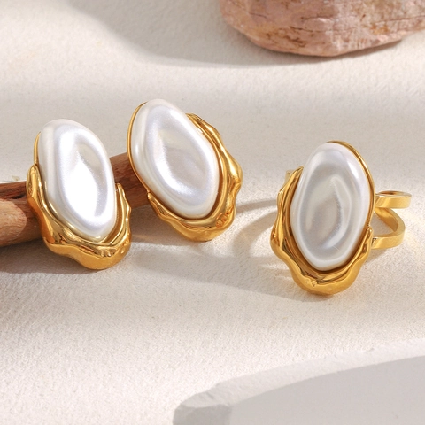 Baroque Imitation Artificial Pearl Earrings And Open Ring 18K Gold Plated Stainless Steel Retro Elegant Accessories For Women