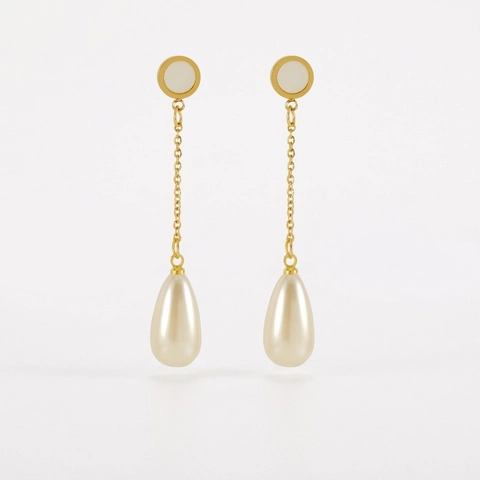 Elegantes Pendientes Colgantes De Cadena Larga De Acero Inoxidable Chapado En Oro De 18K Perla Artificial De Lágrima Estilo Vintage