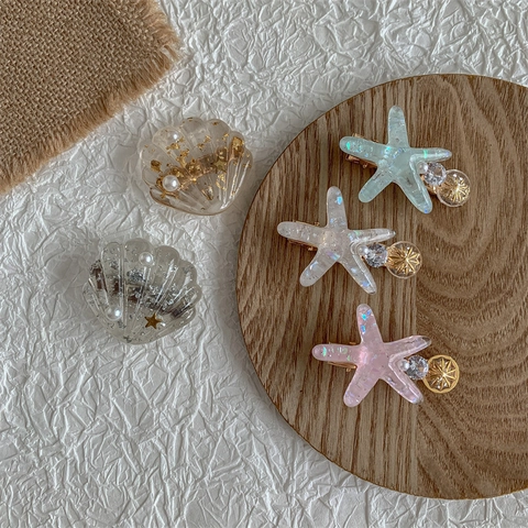 Pinzas Para El Cabello De Estrella De Mar Concha Perla Artificial Diamante De Imitación Purpurina Resina Aleación Para Niñas Princesa