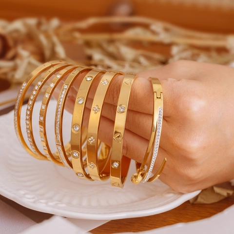 Stainless Steel Bangle Bracelet For Women 18K PVD Gold Plated Cubic Zirconia Hinge Cuff Geometric Trendy Jewelry