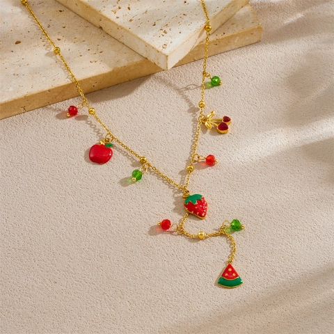 Collier En Y Acier Inoxydable 304 Plaqué Or Charmes Fruits Fraise Étoile Lune Strass Colorés Bijoux Pour Femmes