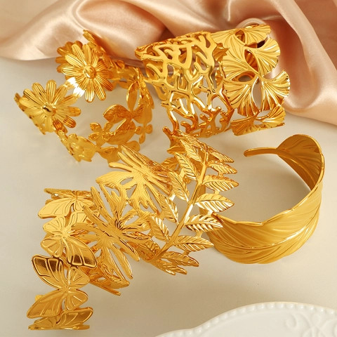 Bracciale Rigido Traforato in Acciaio Inossidabile per Donna Regolabile Oro Argento Foglia Farfalla Fiore Piuma Gioielli