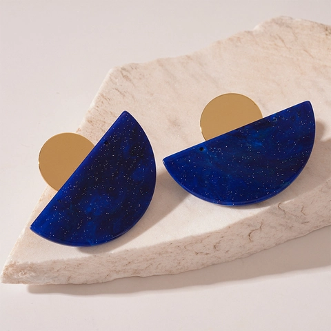 Orecchini A Lobo Semicircolari Geometrici Acrilico Motivo Inchiostro Blu Stellato Rame Con Silver Earring Post Retro