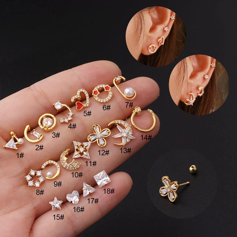 Cartilage Stud Earrings Stainless Steel Cubic Zirconia Screw Ball Back Helix Piercing Jewelry Fashion Women