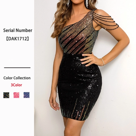 One-Shoulder-Paillettenkleid Mit Perlenkettenfransen Bodycon Regenbogenstreifen Mini Party Club Abend Sexy Damen