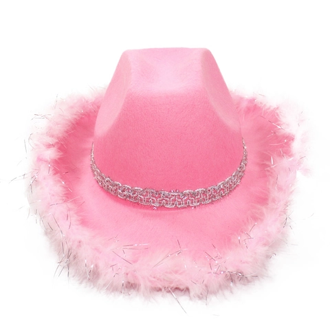 Cappello Da Cowboy Occidentale Feltro Bordo In Piume Bordo Peloso Fascia Di Paillettes Costume Da Festa Per Donna