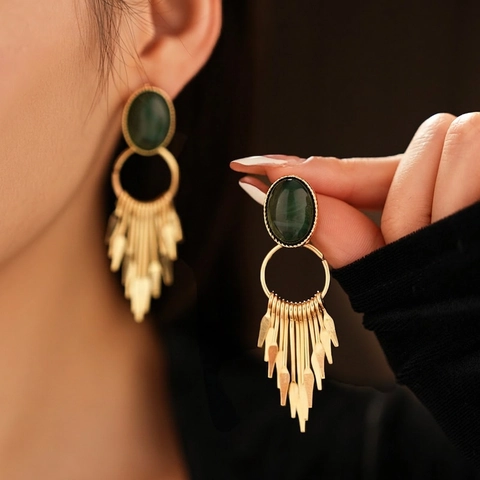 Vintage Tassel Drop Earrings With Green Resin Gemstone And Silver Earring Post Retro Baroque Palace Style For Women