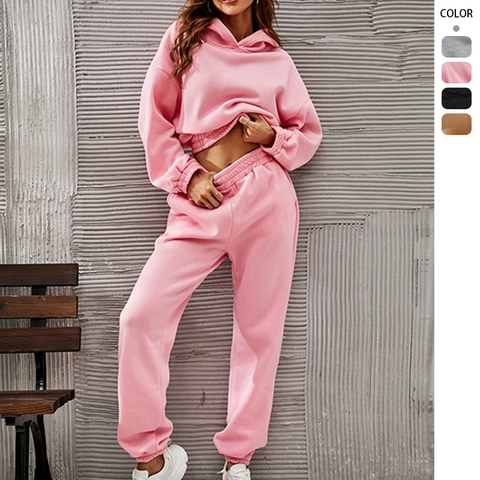 Tuta Da Donna Felpa Con Cappuccio Corta E Pantaloni Sportivi Tinta Unita Completi Casual Sportivi Poliestere